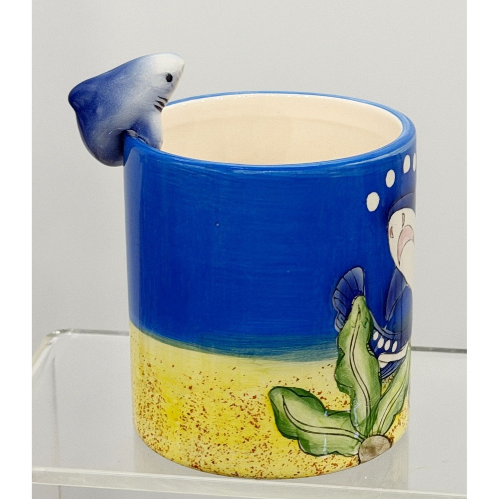 Shark Aquarium Coffee Mug With Shark Figurine on Rim of Cup Sea Life Ocean - Picture 2 of 7